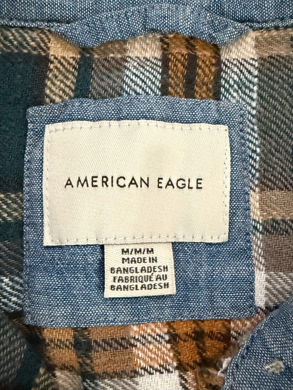 American Eagle Teal, Brown & White Plaid Button-Down Shirt w/denim roll up cuffs - Picture 6 of 8